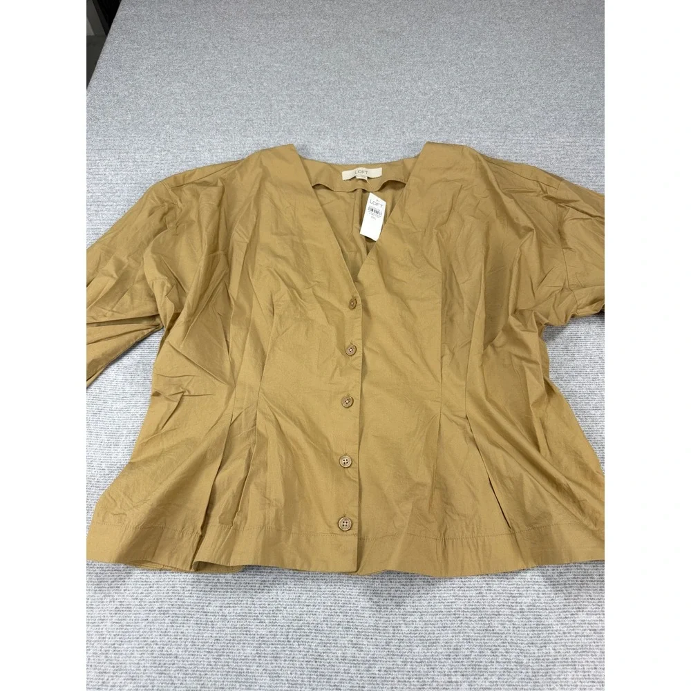 LOFT Women XXL Tan Khaki Cotton V-Neck Peplum Button Front Puff Sleeve Blouse